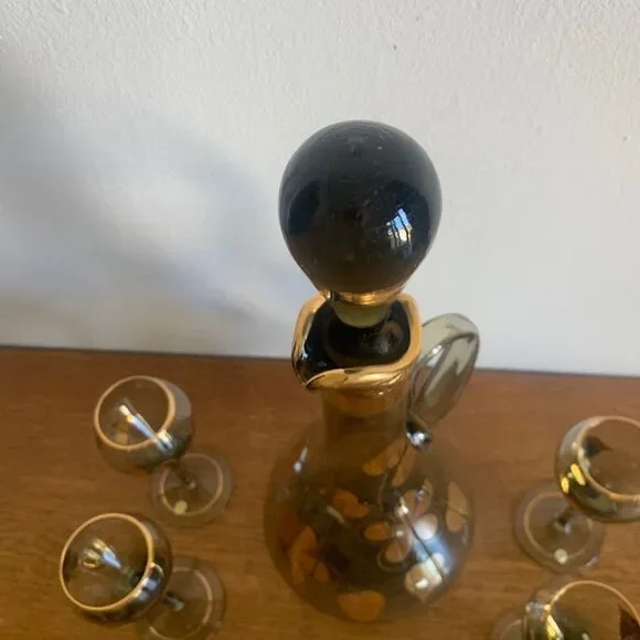 Vintage Made In Hungary ART Glass Decanter Glasses Set Hand Painted Gold Trim